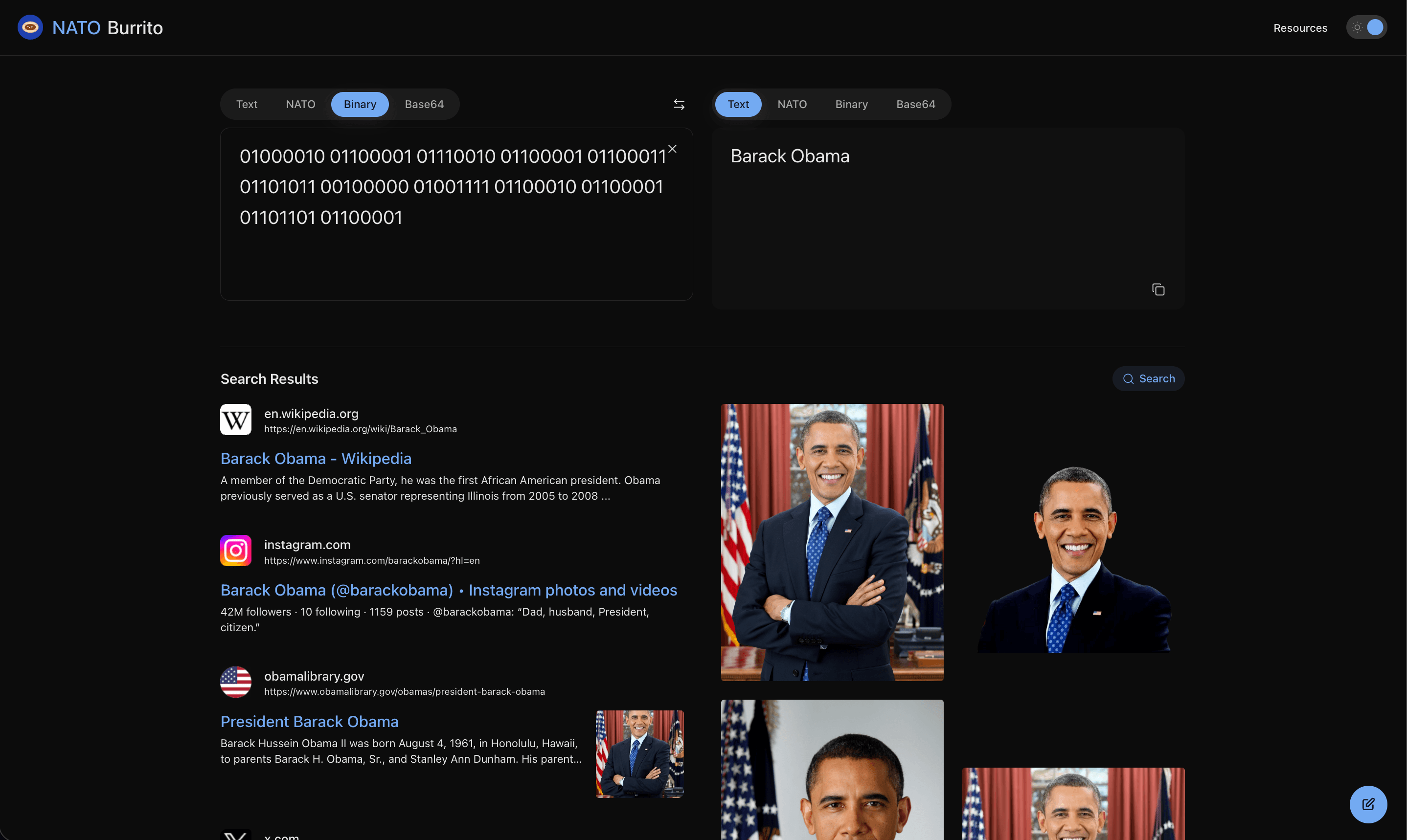 NATO Burrito: paste binary, get decoded text and Google results instantly