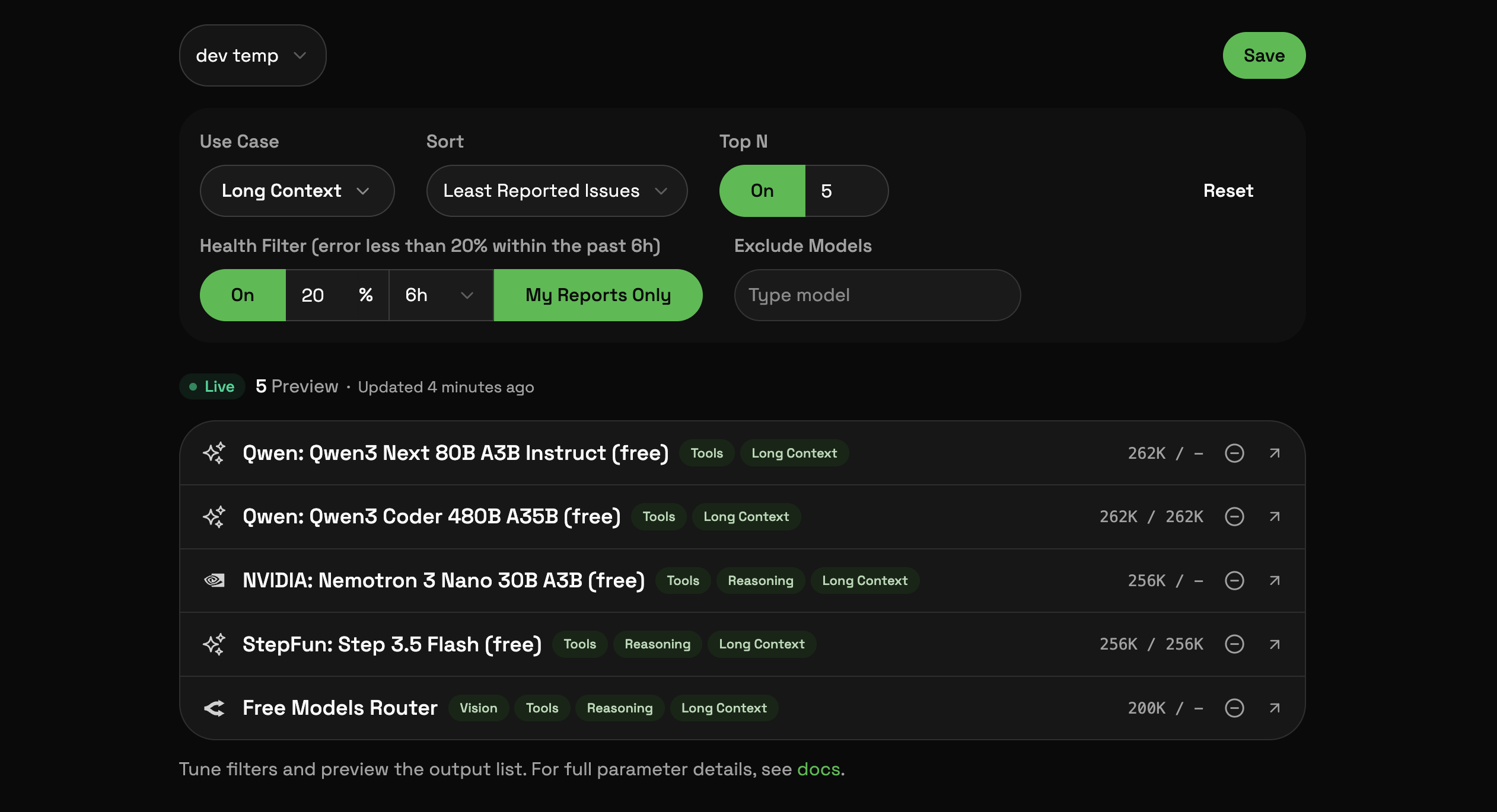 Web UI for configuring model filter parameters